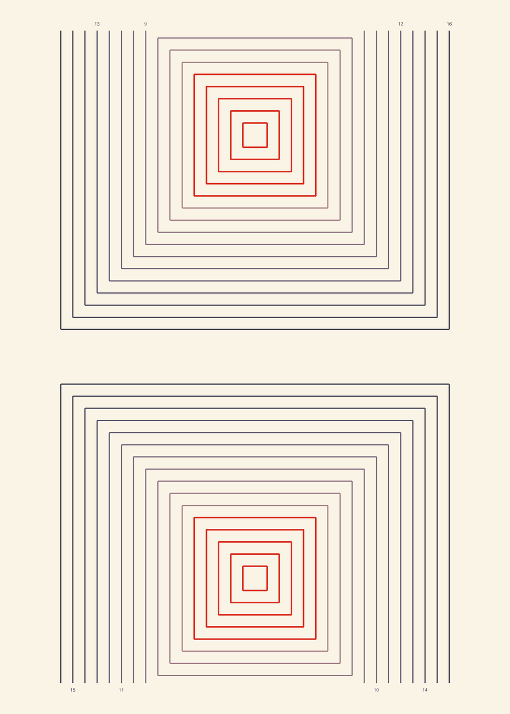 Plate: two nested square ring systems in diagonal opposition, upper left and lower right, their inner ranks in vermilion, the contours straightening into bands between them.