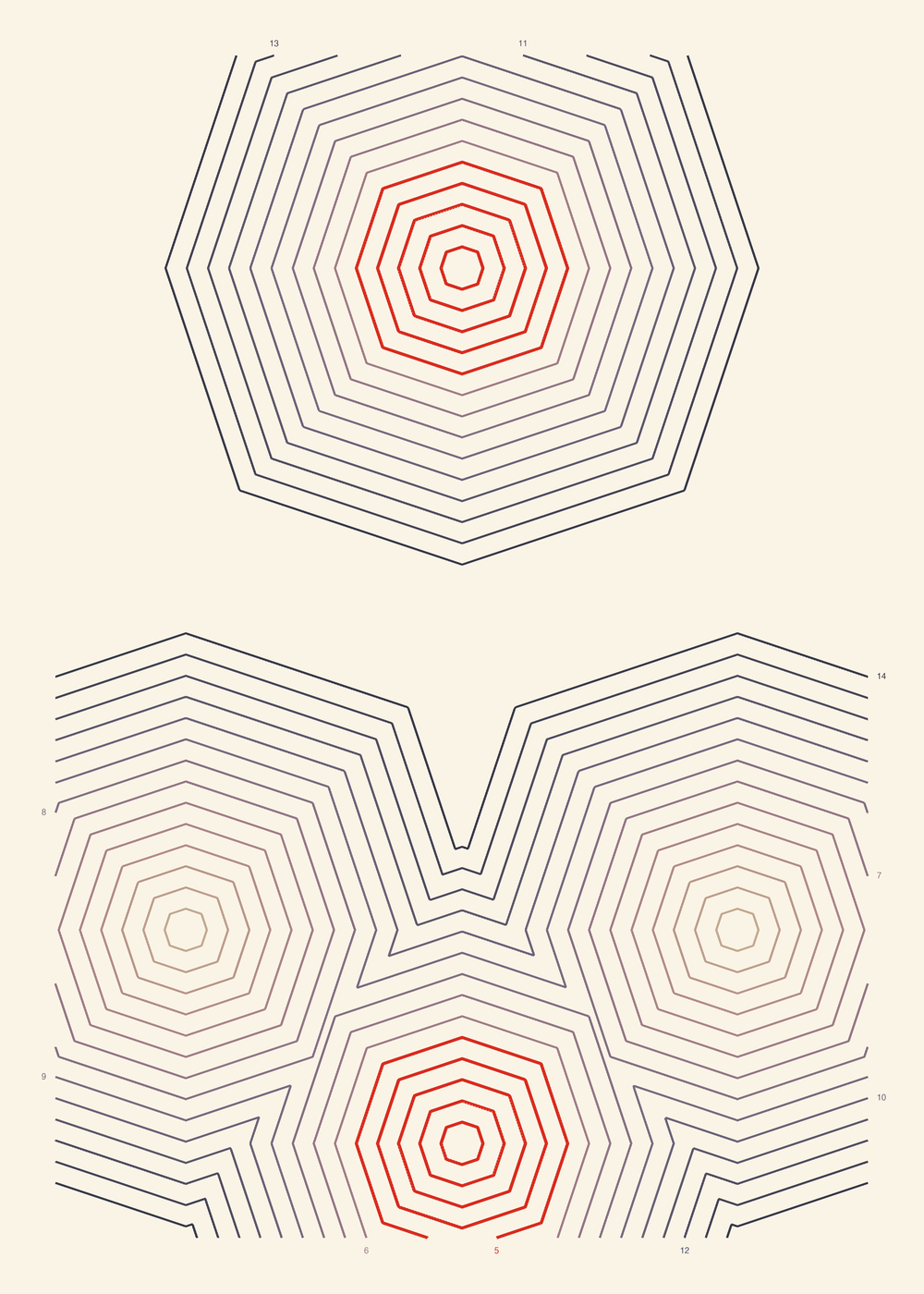 Plate: a peak reached from both sides, octagonal contour ranks converging on a summit with the inner ranks in vermilion.