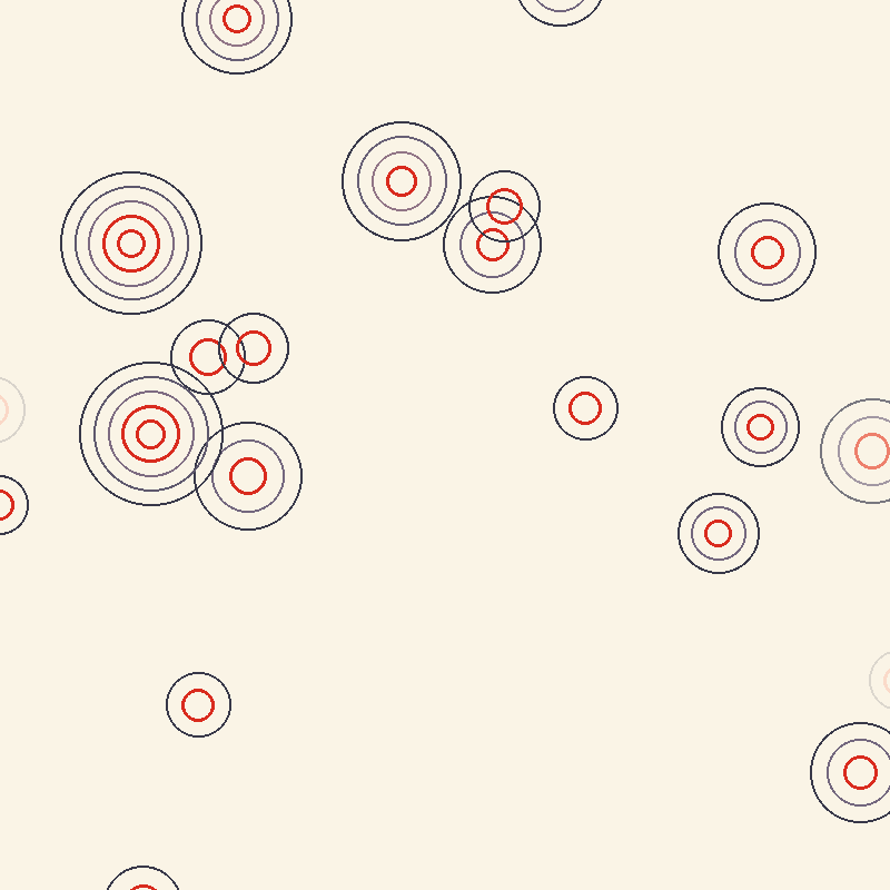 A looping figure: coins drawn as spacious concentric circles with vermilion
                cores, arriving from every side at once, thrown inward from both walls and
                up from the floor, varying in size and never ending.